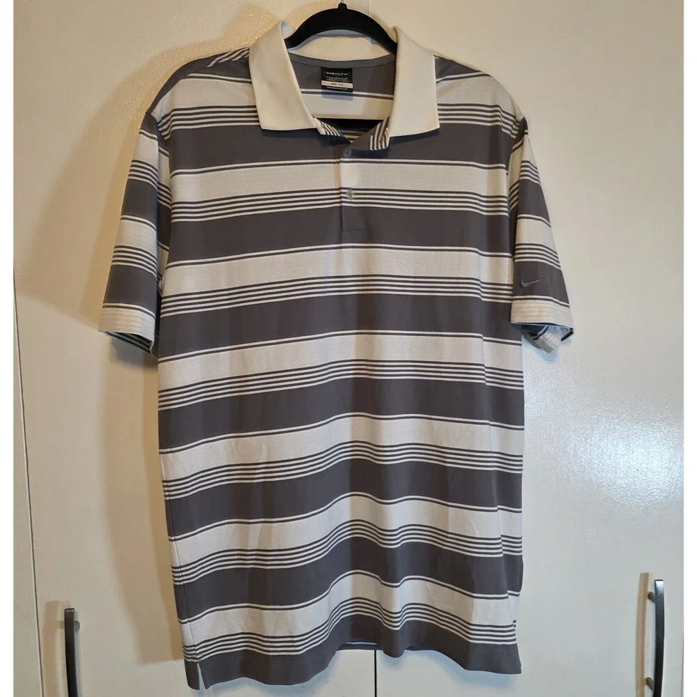 Nike Golf Dri-Fit Moisture Wicking Men's L Gray/White Striped Polo Shirt